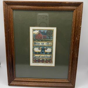 Framed Rustic Art Print by Susan Winget featuring Sheep and Barn